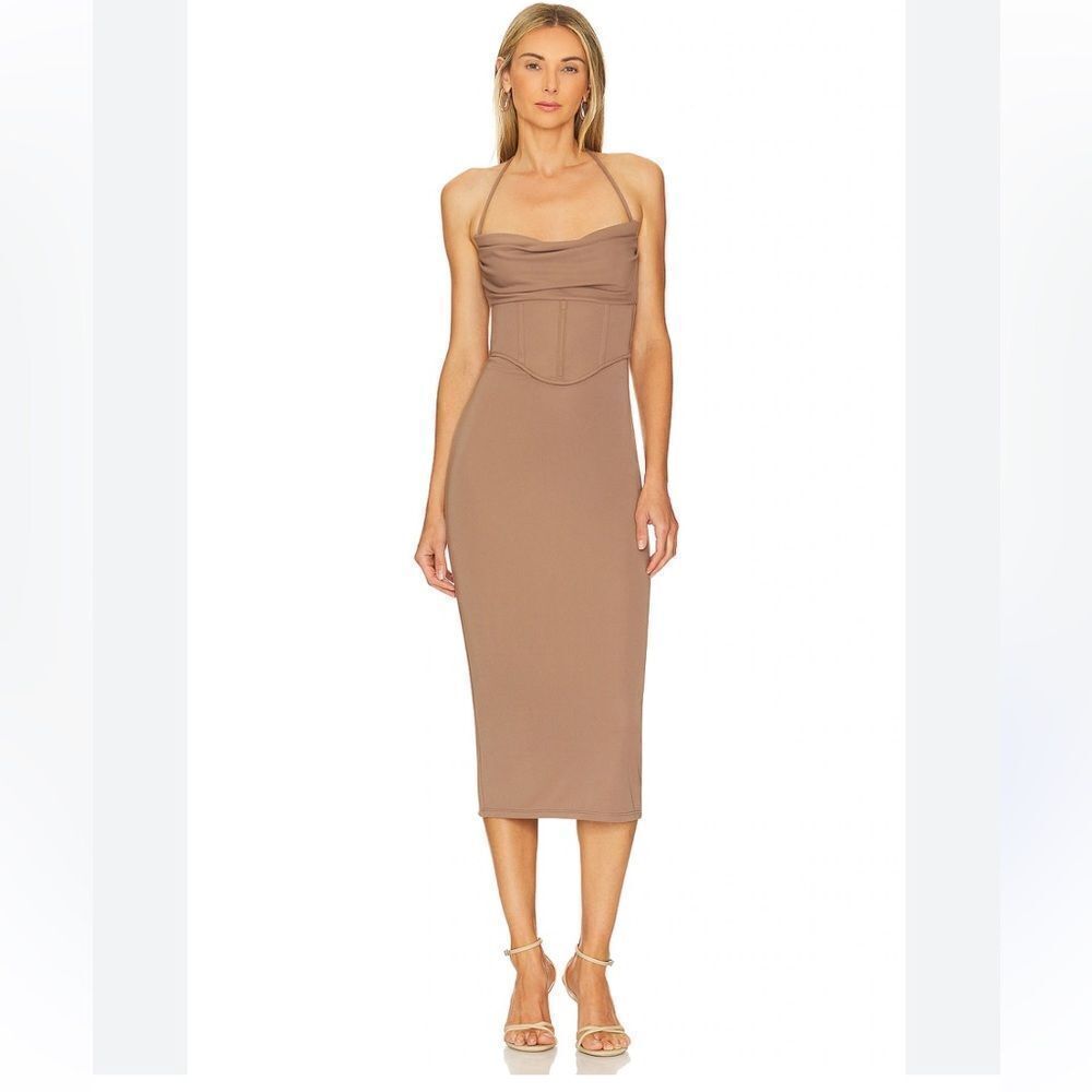 LPA Thalia Corset Midi Dress Mushroom nude brown boned bustier stretch Revolve
